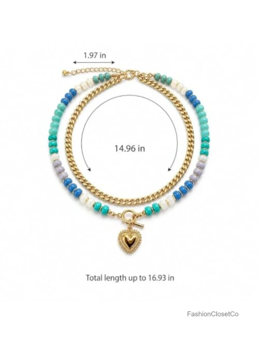 Colorful Beaded Layered Necklace with Heart Pendant Adjustable Choker Chain